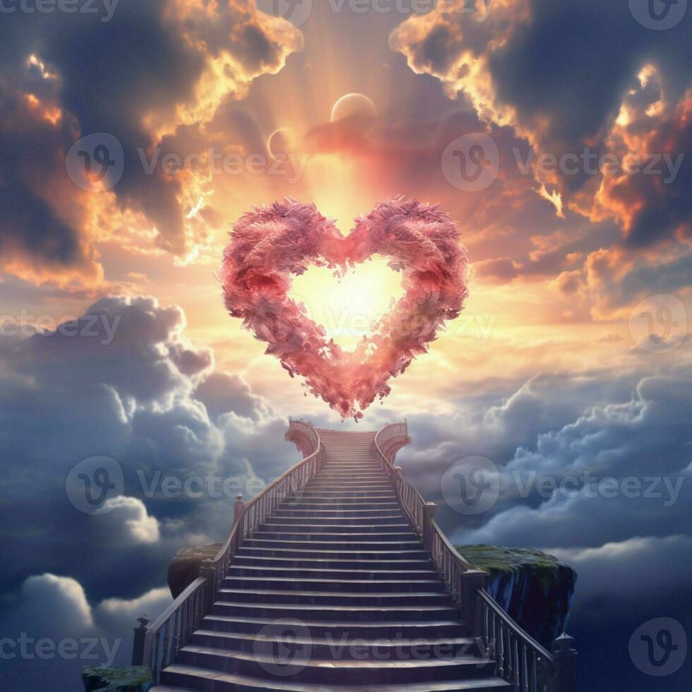 Love and faith intertwine with a stairway to a heart shaped sky AI Generated photo