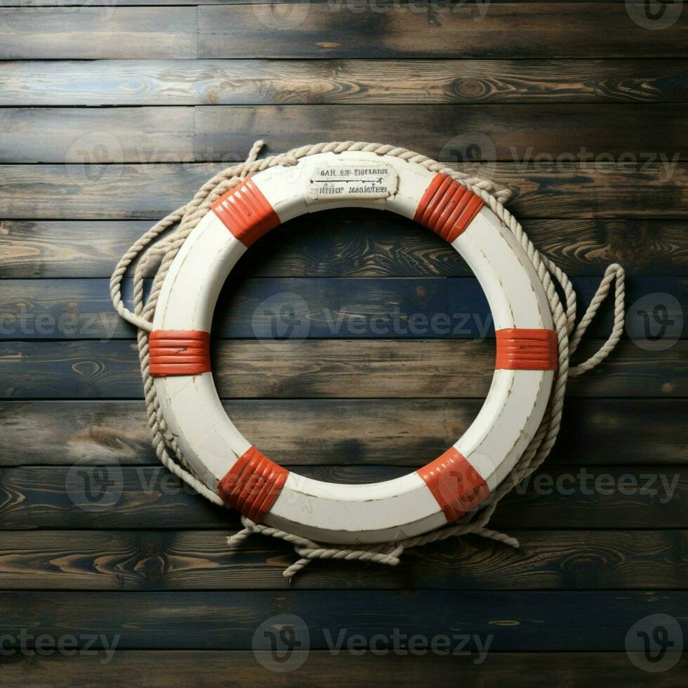 Lifebuoy with welcoming message on textured wooden backdrop, personalized text AI Generated photo