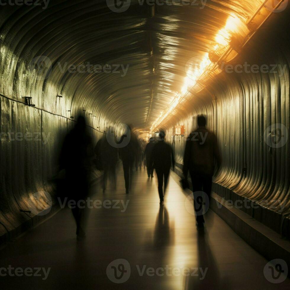 Mañana prisa viajeros apresuramiento mediante el ferrocarril túnel a trabajo ai generado foto