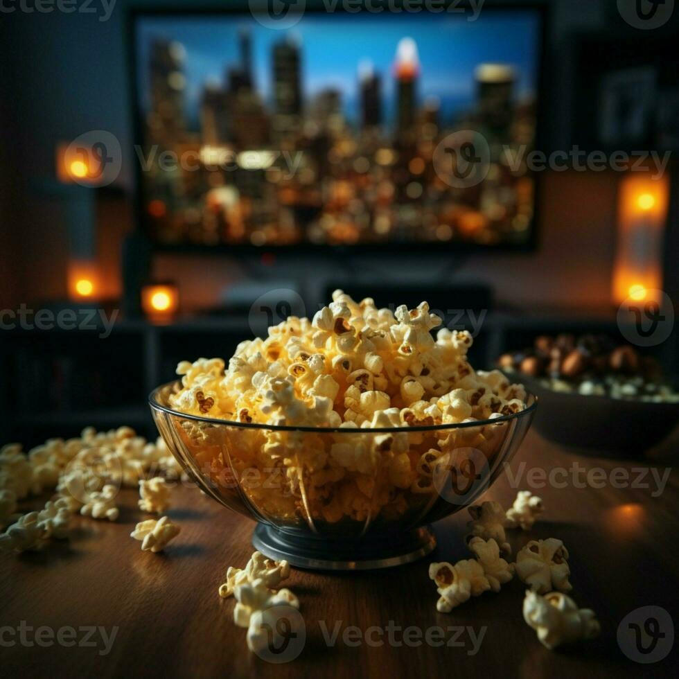 Movie night essentials Glass bowl of popcorn with TV backdrop AI Generated photo