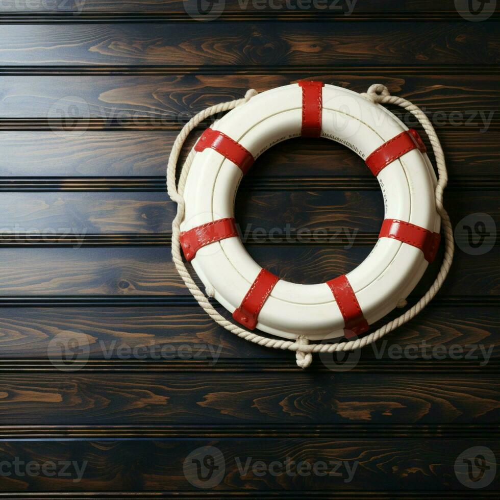 Personalize the message on a lifebuoy against a wooden texture AI Generated photo