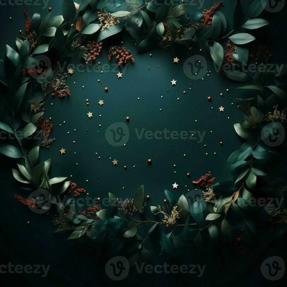 Realistic Christmas tree, ornaments, stars, confetti, and gift on green AI Generated photo