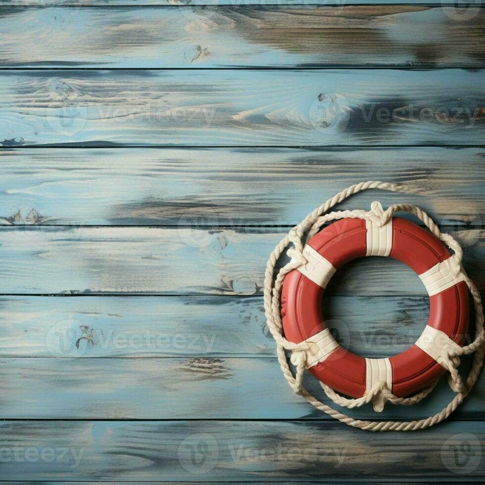 Nautical themed welcome Lifebuoy on textured wood background for custom text AI Generated photo