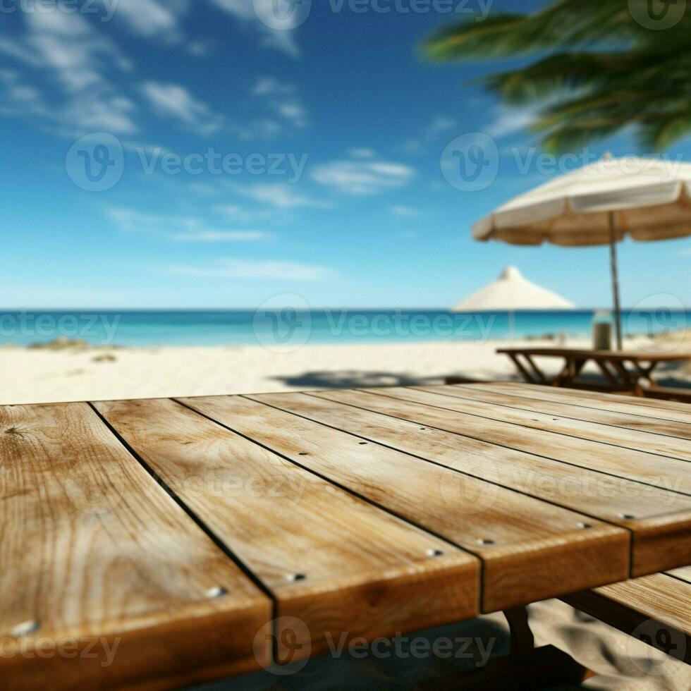 A table with a view Summer beach landscape in the background AI Generated photo