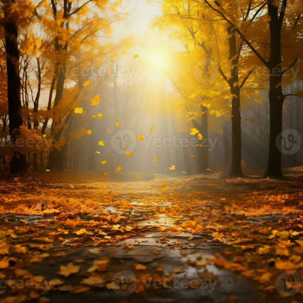 Autumns splendor A sunny forest adorned with yellow foliage AI Generated photo