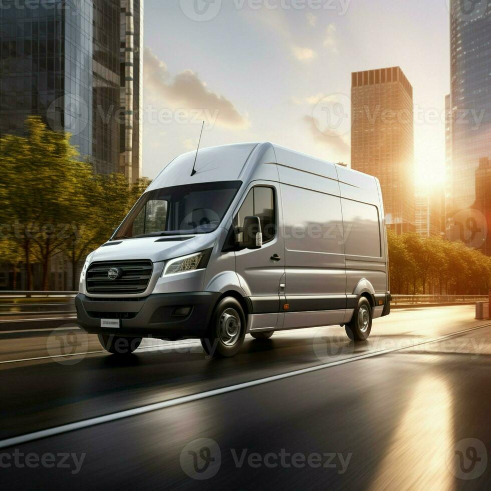 Cargo company mock up A van navigating the urban roadways AI Generated photo