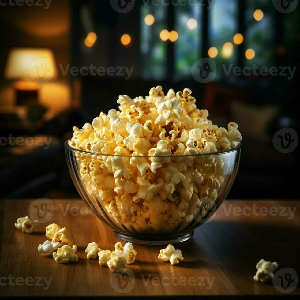 Crisp popcorn in a glass bowl, ready for TV entertainment AI Generated photo