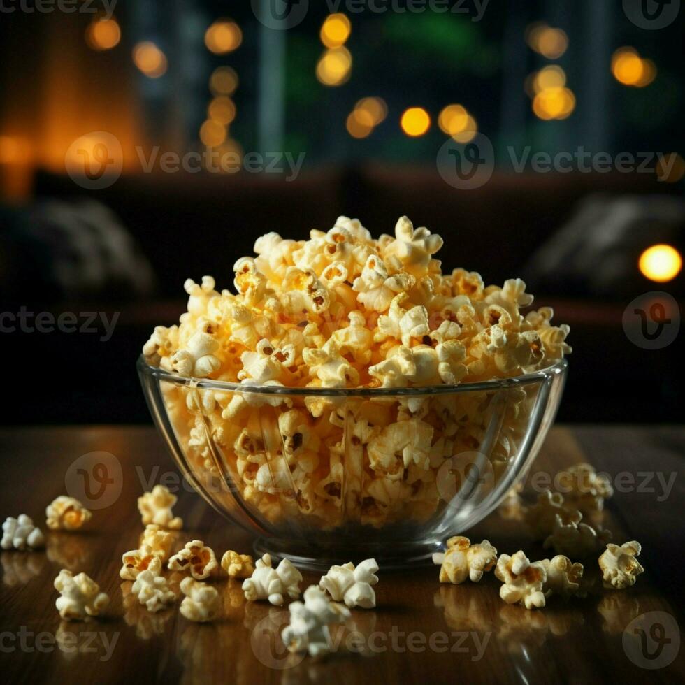 Crisp popcorn in a glass bowl, ready for TV entertainment AI Generated photo