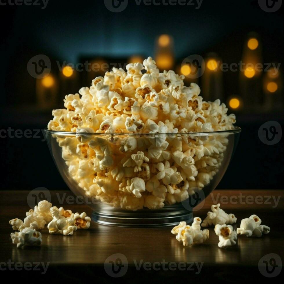 Crisp popcorn in a glass bowl, ready for TV entertainment AI Generated photo
