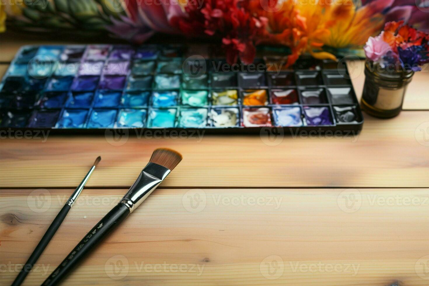 Artistic workspace watercolor paints, brushes, and supplies on a wooden table AI Generated photo