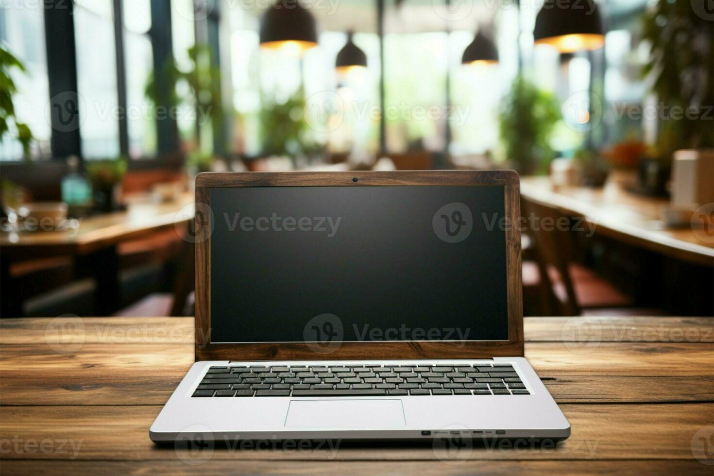 A laptop sits open on a wooden classroom desk AI Generated photo