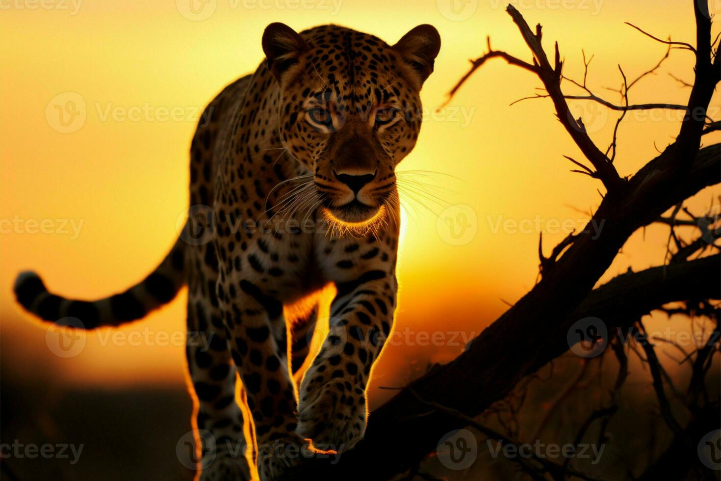 A leopard emerges at daybreak, blending with the sunrises colors AI Generated photo
