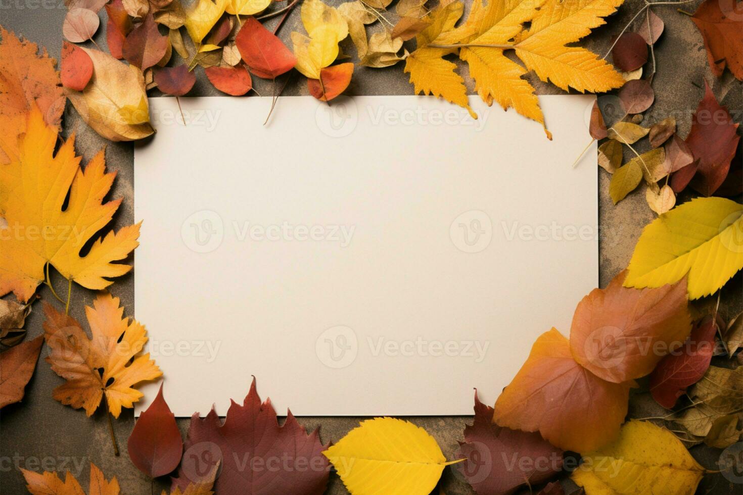 Bright, colorful autumn leaves with a paper sheet for messages AI Generated photo