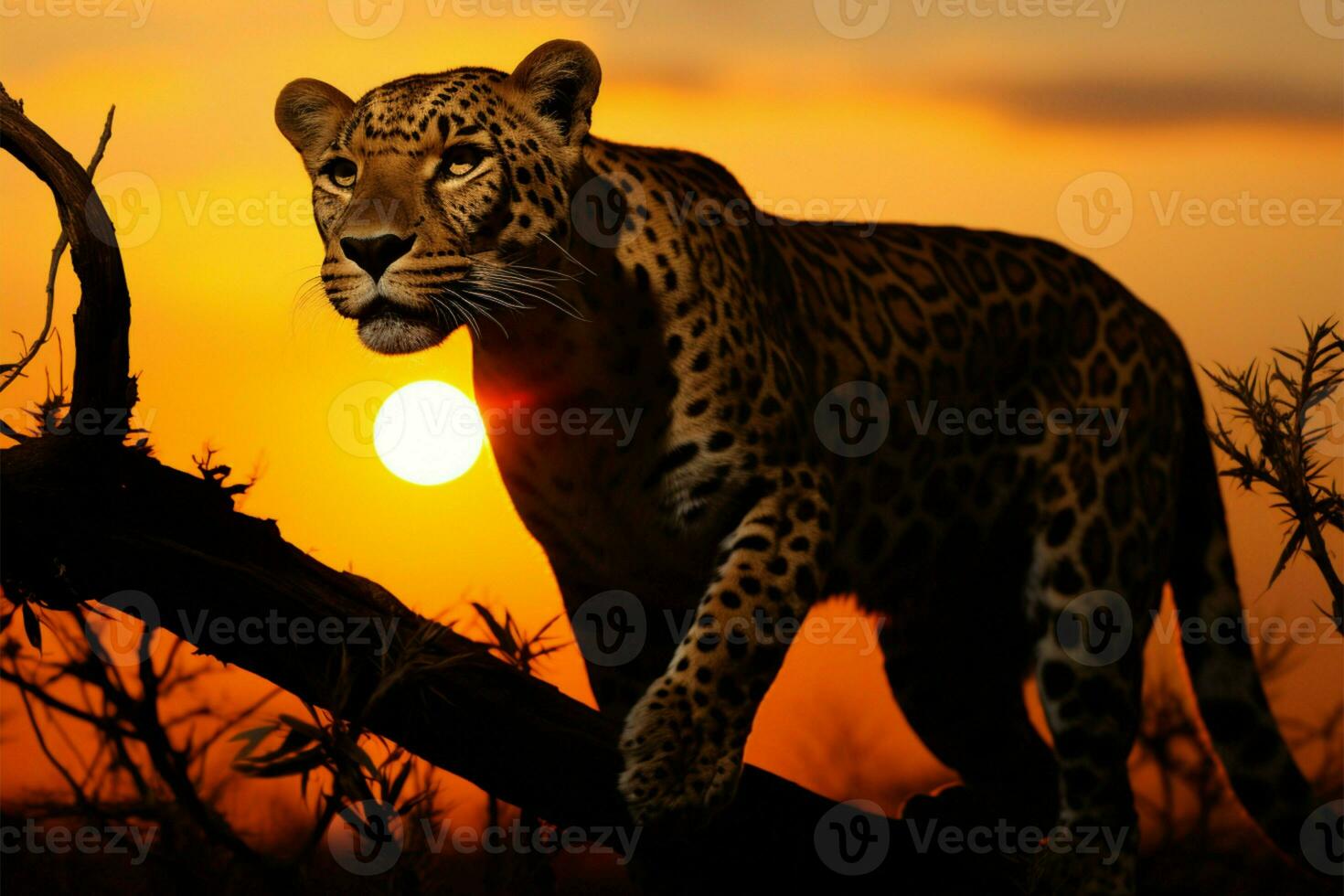 A leopard emerges at daybreak, blending with the sunrises colors AI Generated photo