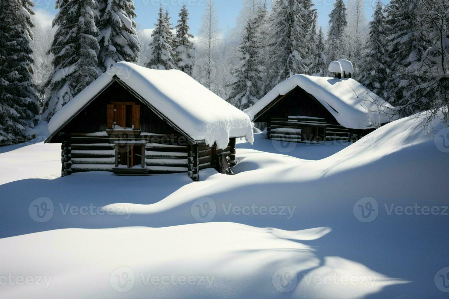 Cabin in the snow A wooden hut in a winter wonderland AI Generated photo