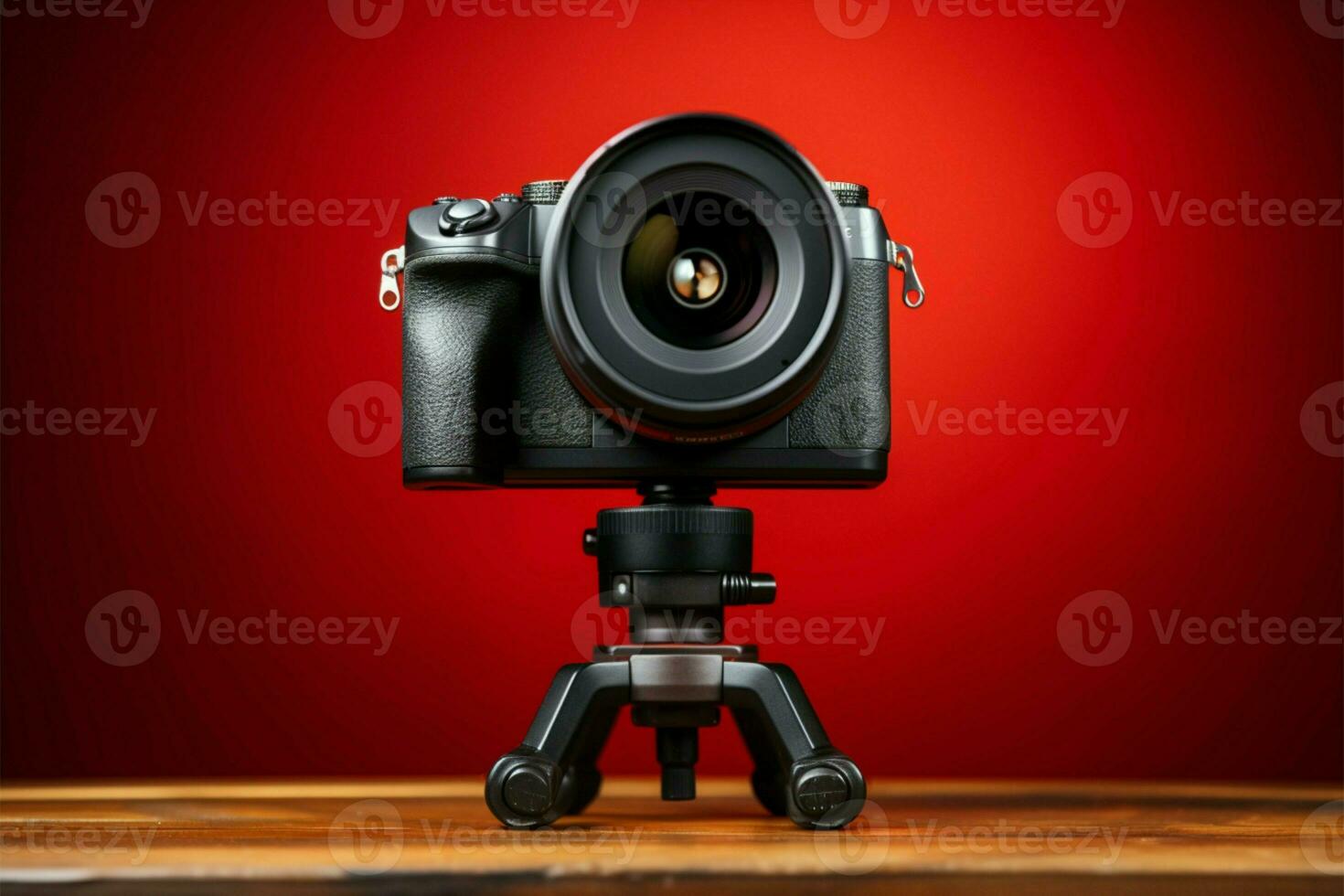 Camera on tripod, red backdrop Capturing content for blogs and reports AI Generated photo