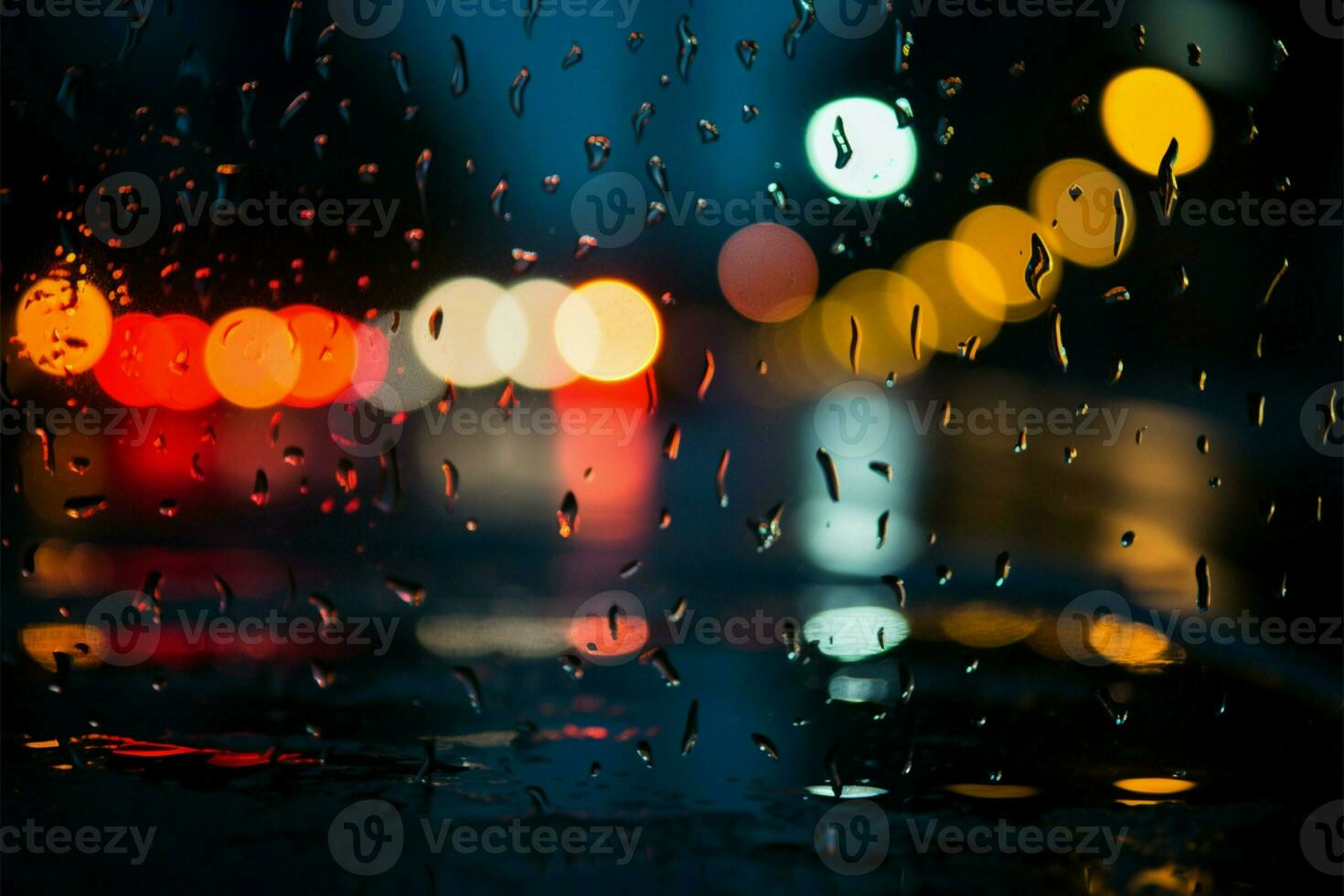 Cars view on a rainy night drive through glistening streets AI Generated photo