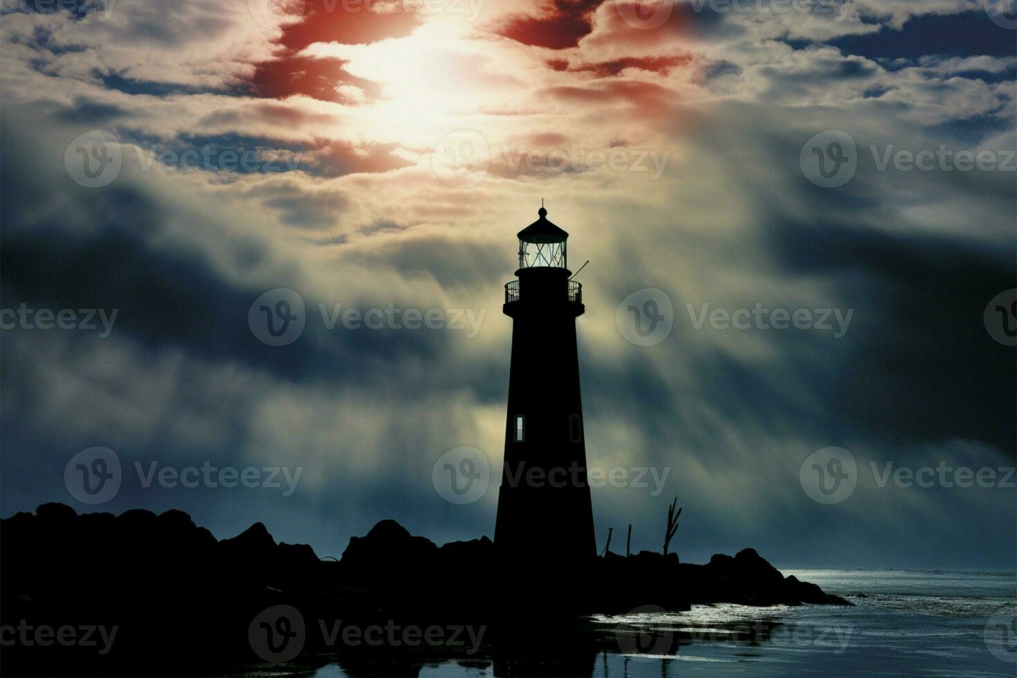 Coastal beacon, ocean backdrop Lighthouses silhouette graces serene seaside AI Generated photo