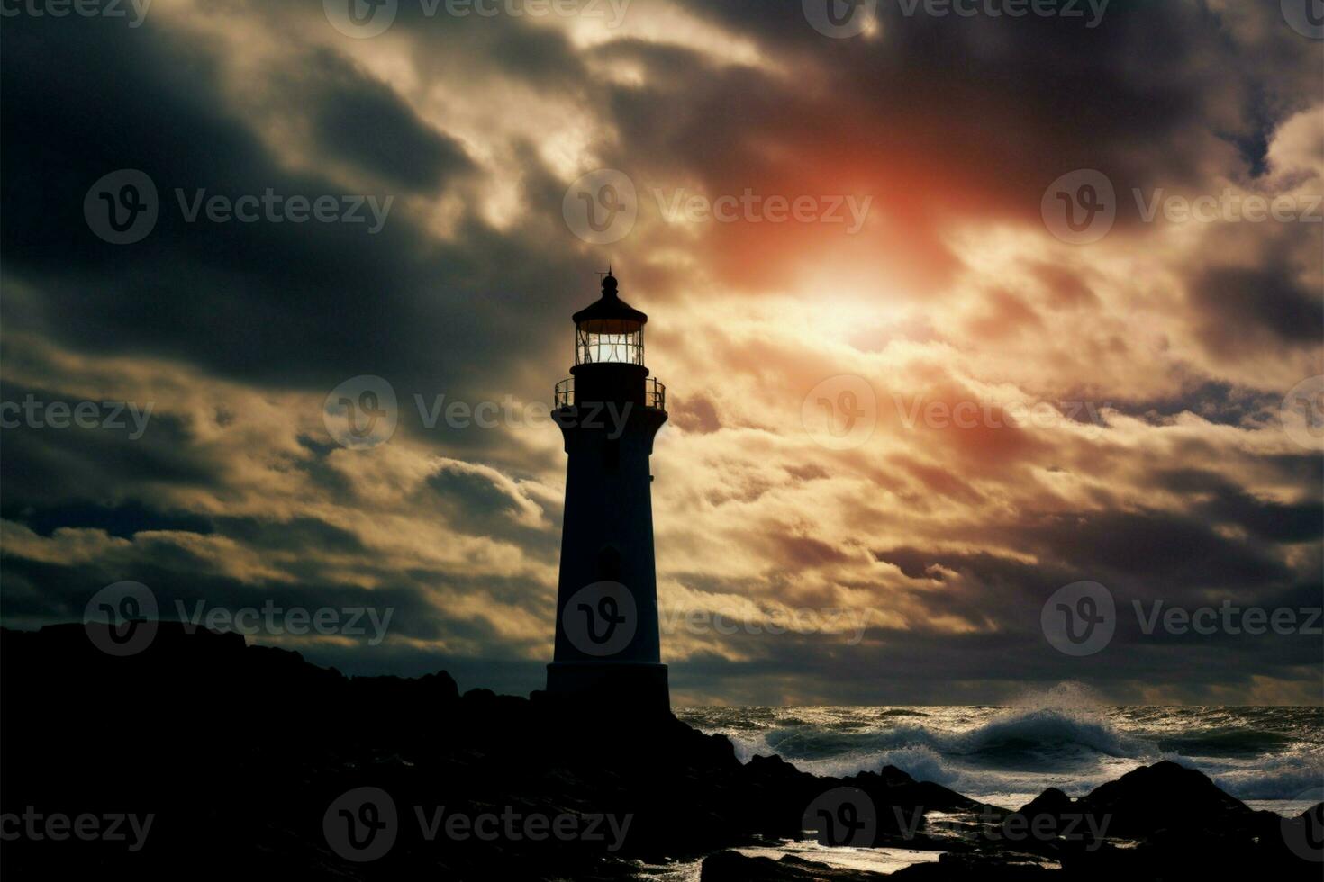 Coastal beacon, ocean backdrop Lighthouses silhouette graces serene seaside AI Generated photo