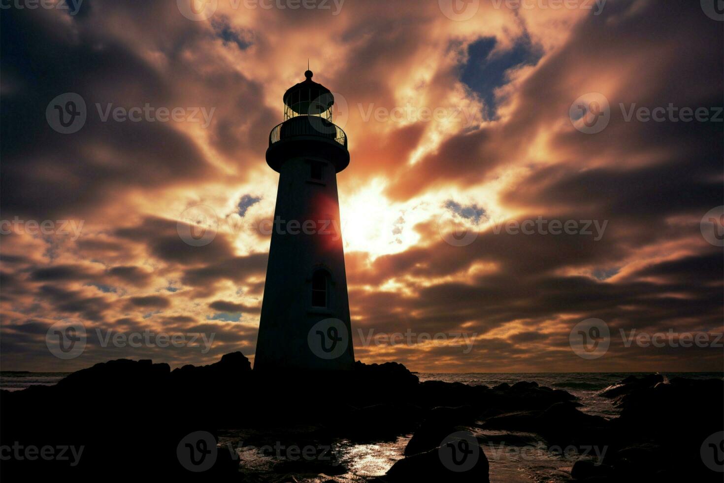 Coastal guardian Lighthouse silhouette frames the tranquil, sea kissed scenery AI Generated photo