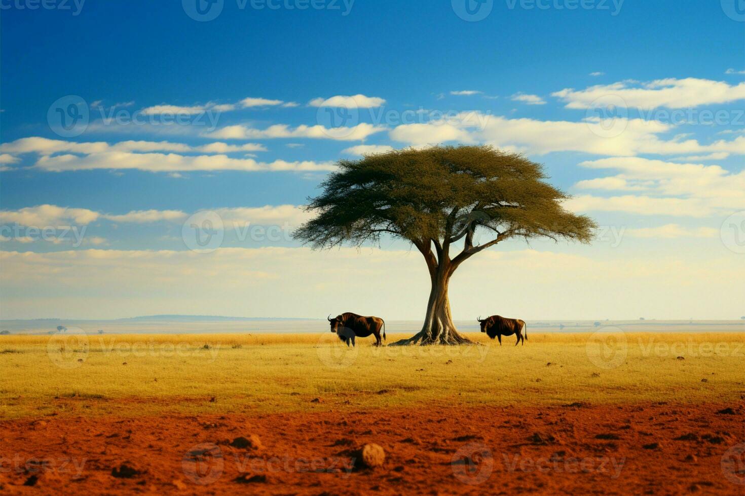 A solitary tree graced by a wildebeests presence in the wild AI Generated photo