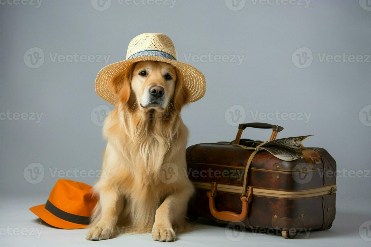 Cool golden retriever with hat, shades, suitcase, ticket on white AI