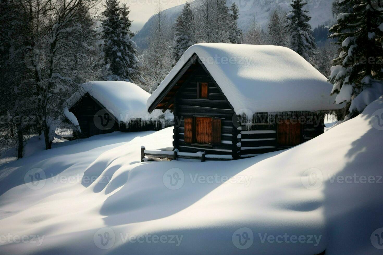 Cozy cabin in a wintery wonderland, surrounded by pristine snow AI Generated photo