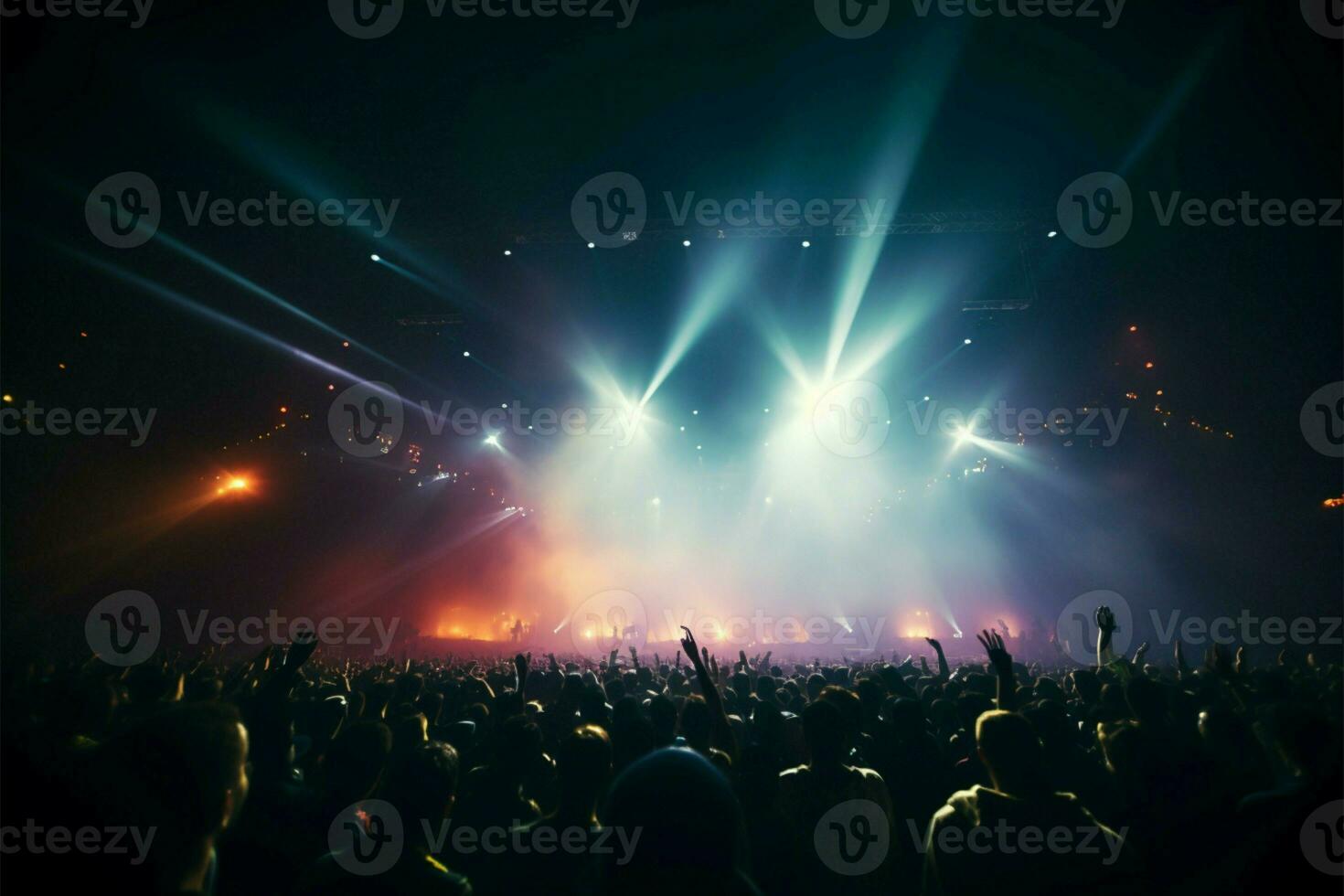 Crowds darkened figures at a concert, facing the vibrant stage AI Generated photo