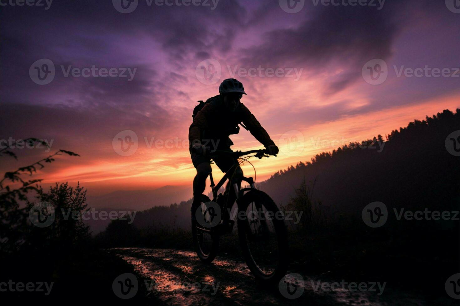 Cyclists traverse mountains at dusk, capturing the serene evening beauty AI Generated photo