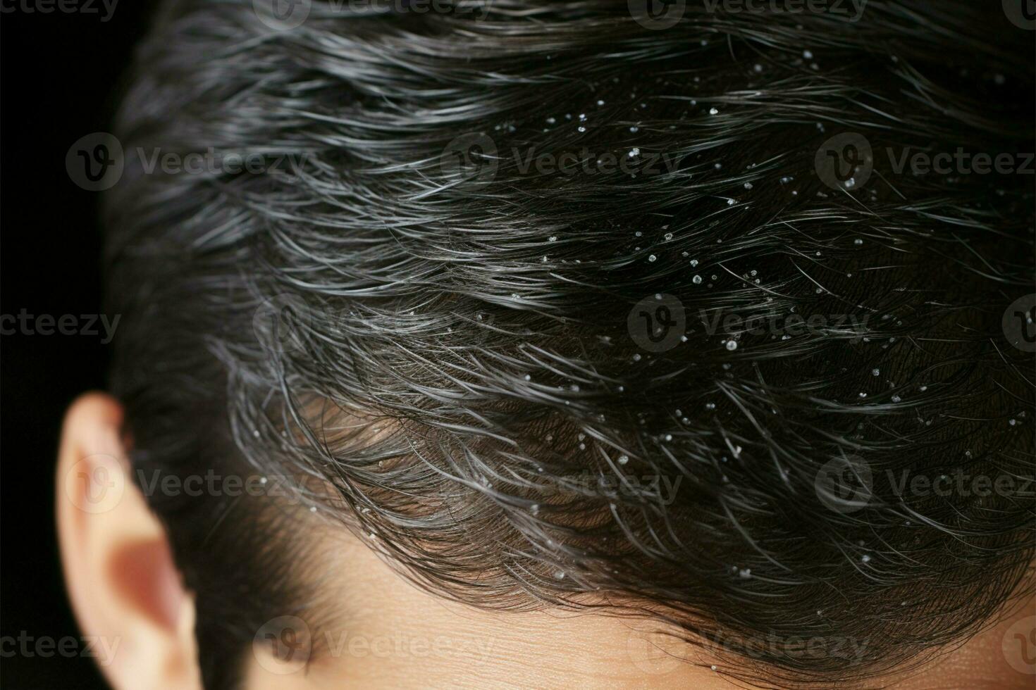 Dandruff visible in a tight frame of a mans hair strands AI Generated photo