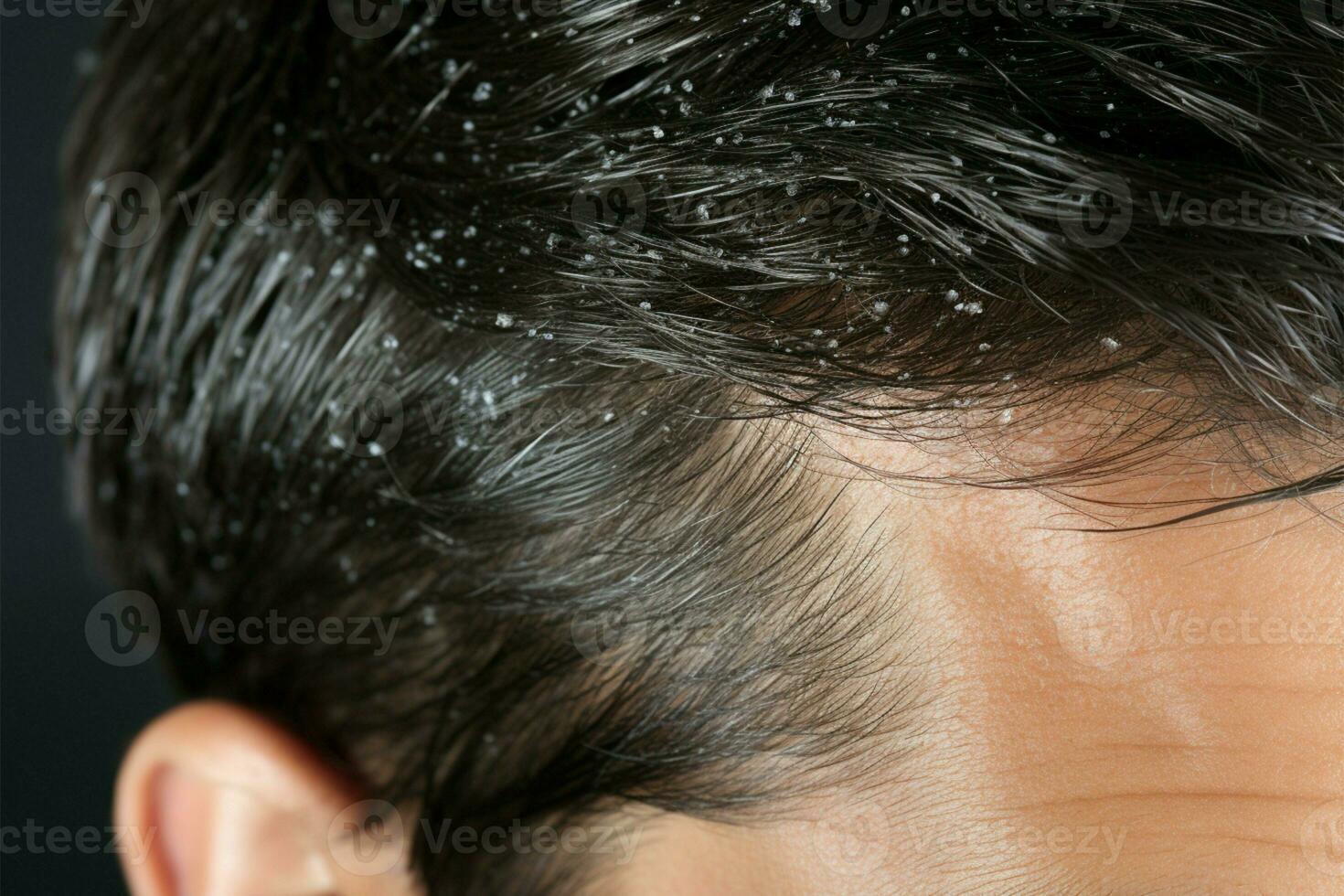 Dandruff visible in a tight frame of a mans hair strands AI Generated photo