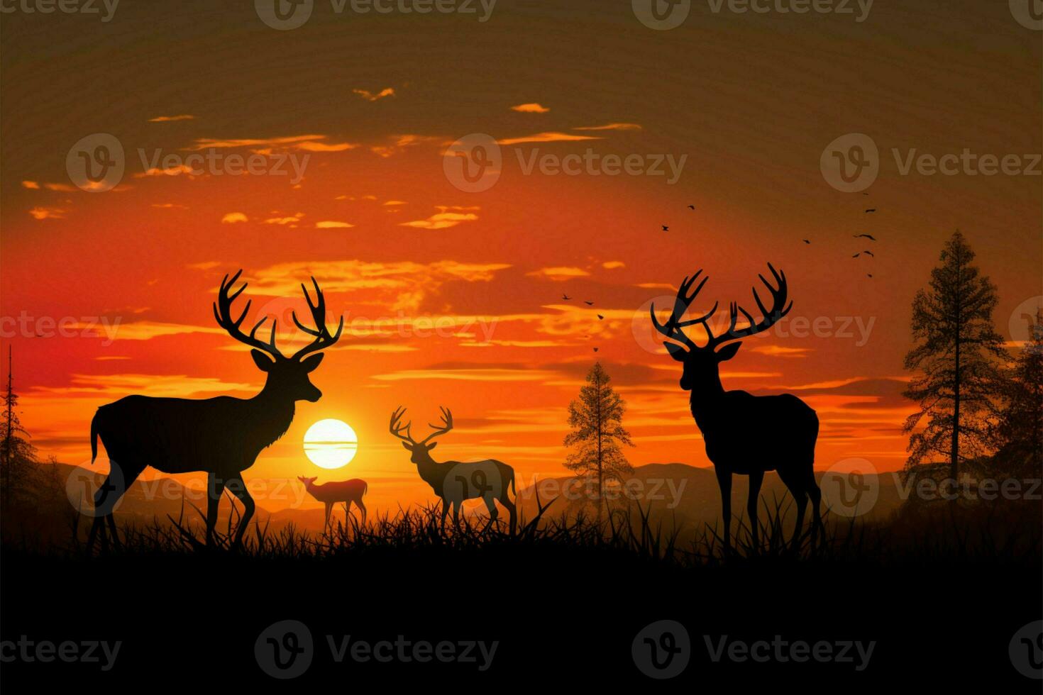 Deer silhouettes grace a radiant meadow, celebrating wildlife in nature AI Generated photo