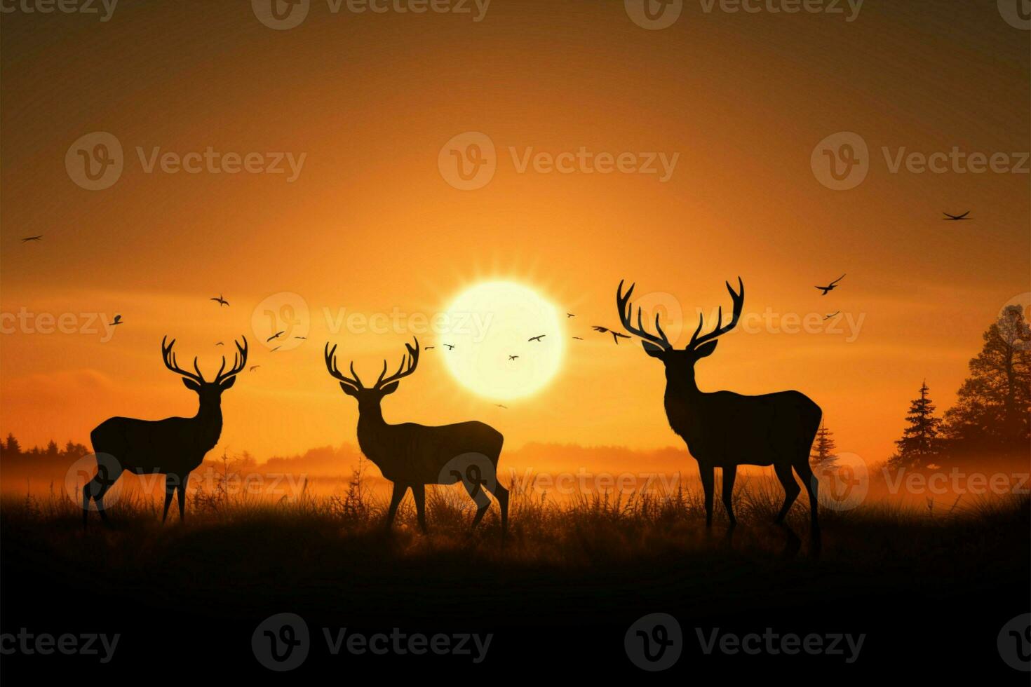 Deer silhouettes grace a radiant meadow, celebrating wildlife in nature AI Generated photo