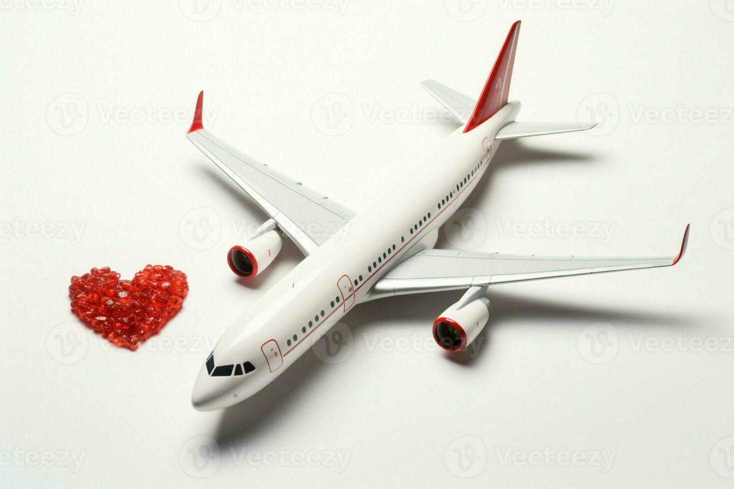 A symbol of wanderlust airplane model and red hearts on white AI Generated photo