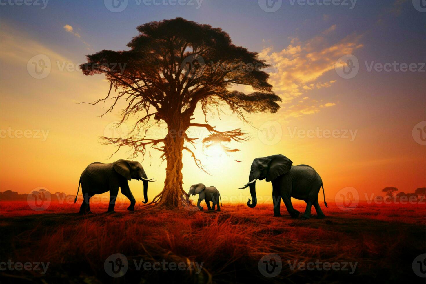 Elephants striking silhouette set against the backdrop of a colorful sunset AI Generated photo