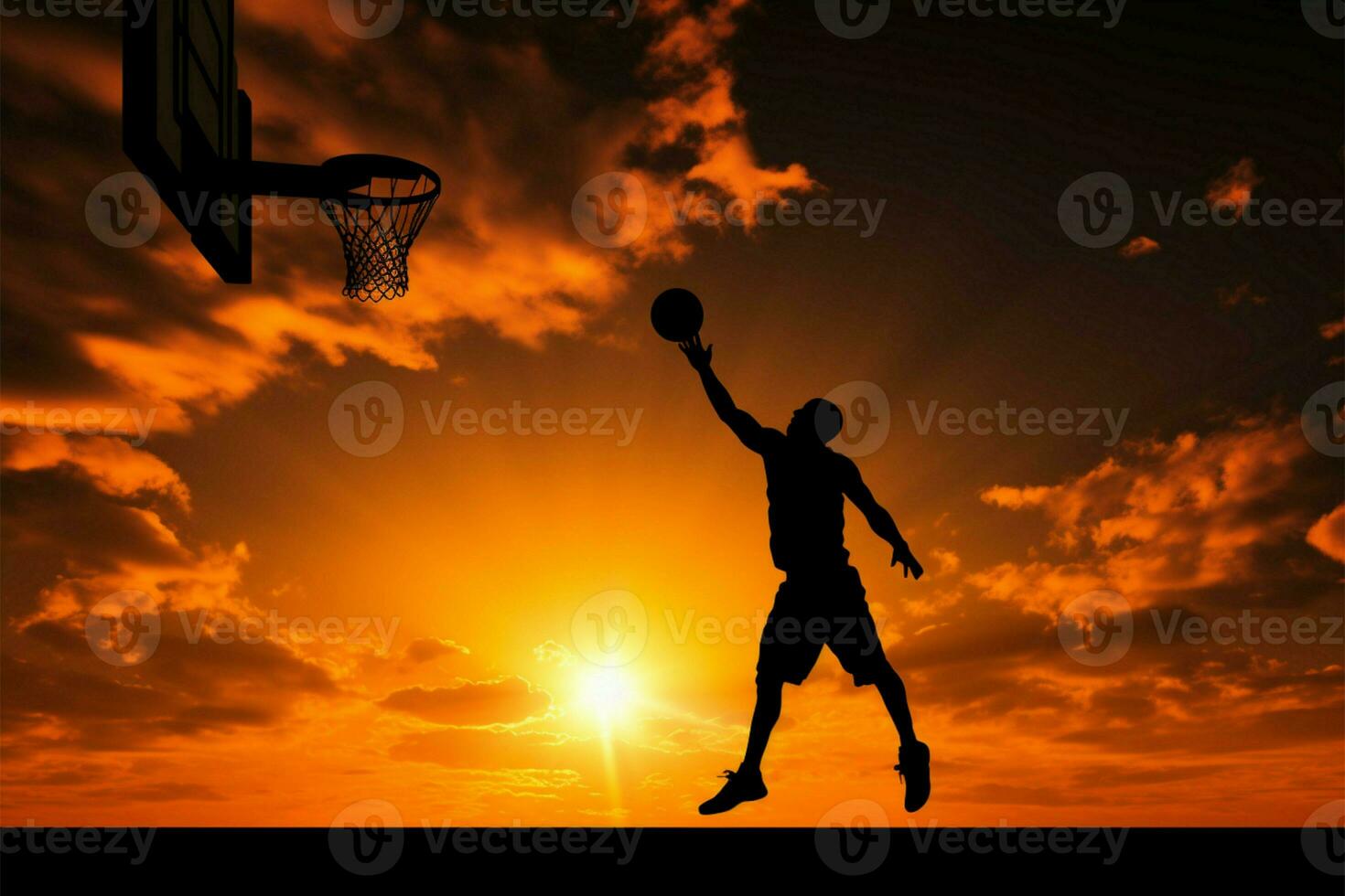 Elevated basketball player silhouette highlights an astounding mid air jump AI Generated photo