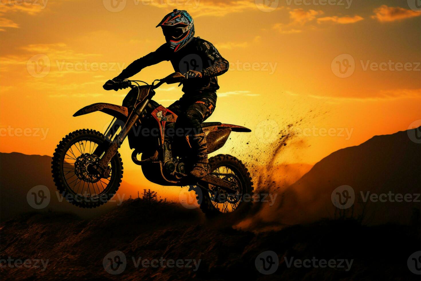 Front wheel lifted, motocross silhouette embodies adventure and daring action AI Generated photo