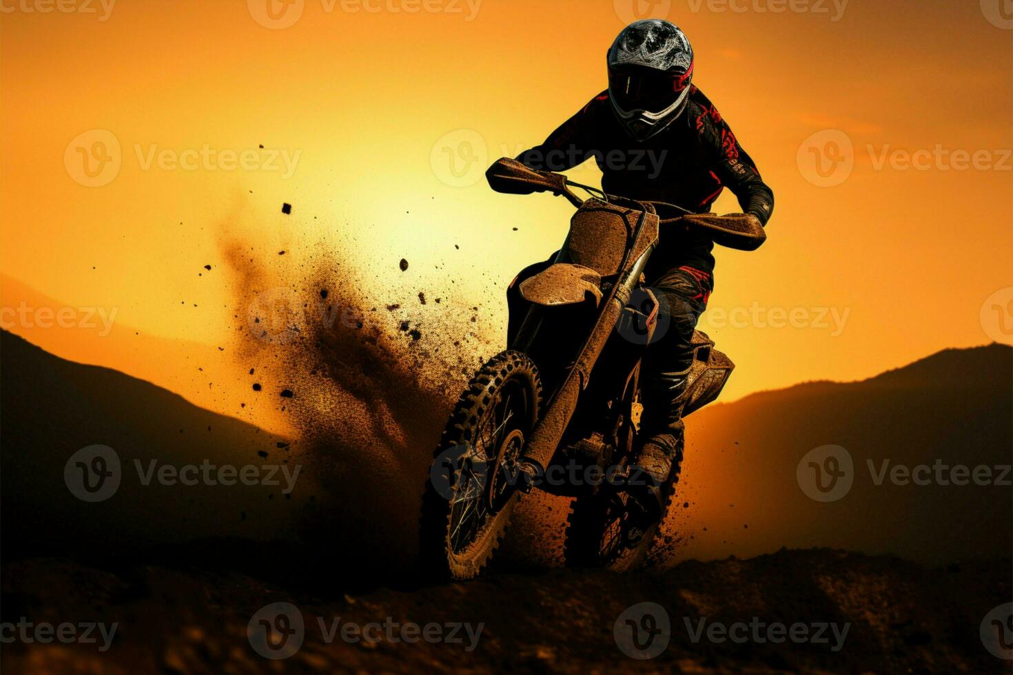 Front wheel lifted, motocross silhouette embodies adventure and daring action AI Generated photo