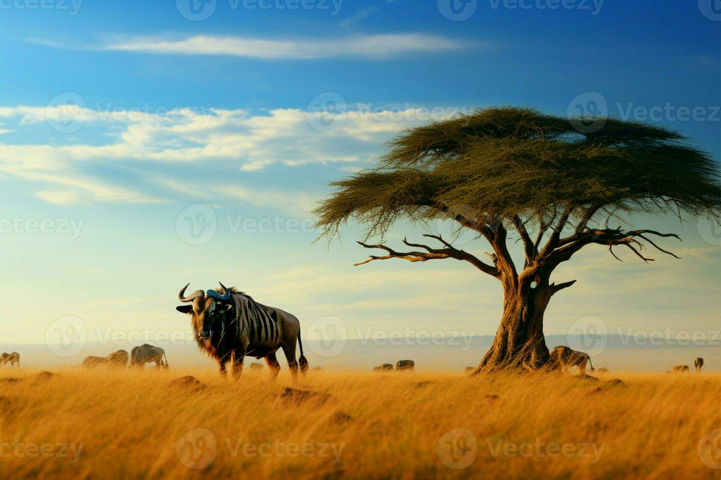 Graceful wildebeest stands near a solitary tree in the wilderness AI Generated photo