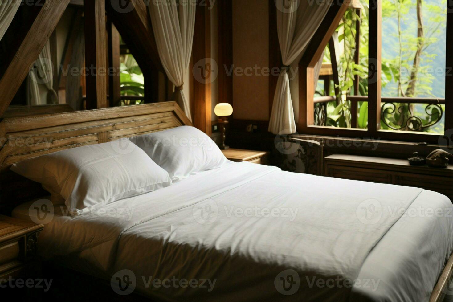 A wooden houses Lanna style bedroom, with teak bed and inviting bedding AI Generated photo