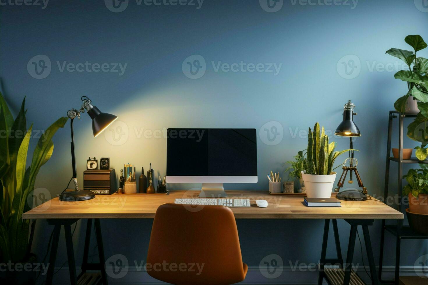 Home office setup A well equipped desk with essential workplace supplies AI Generated photo