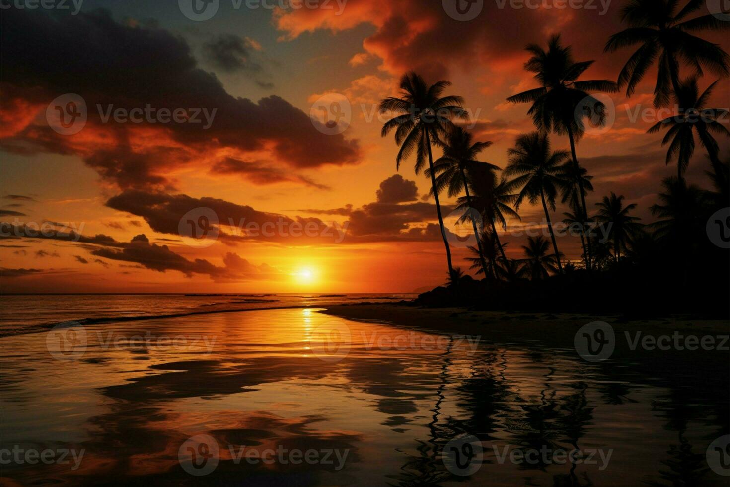 Illustrated coconut palm silhouette against a dramatic tropical beach sunset AI Generated photo