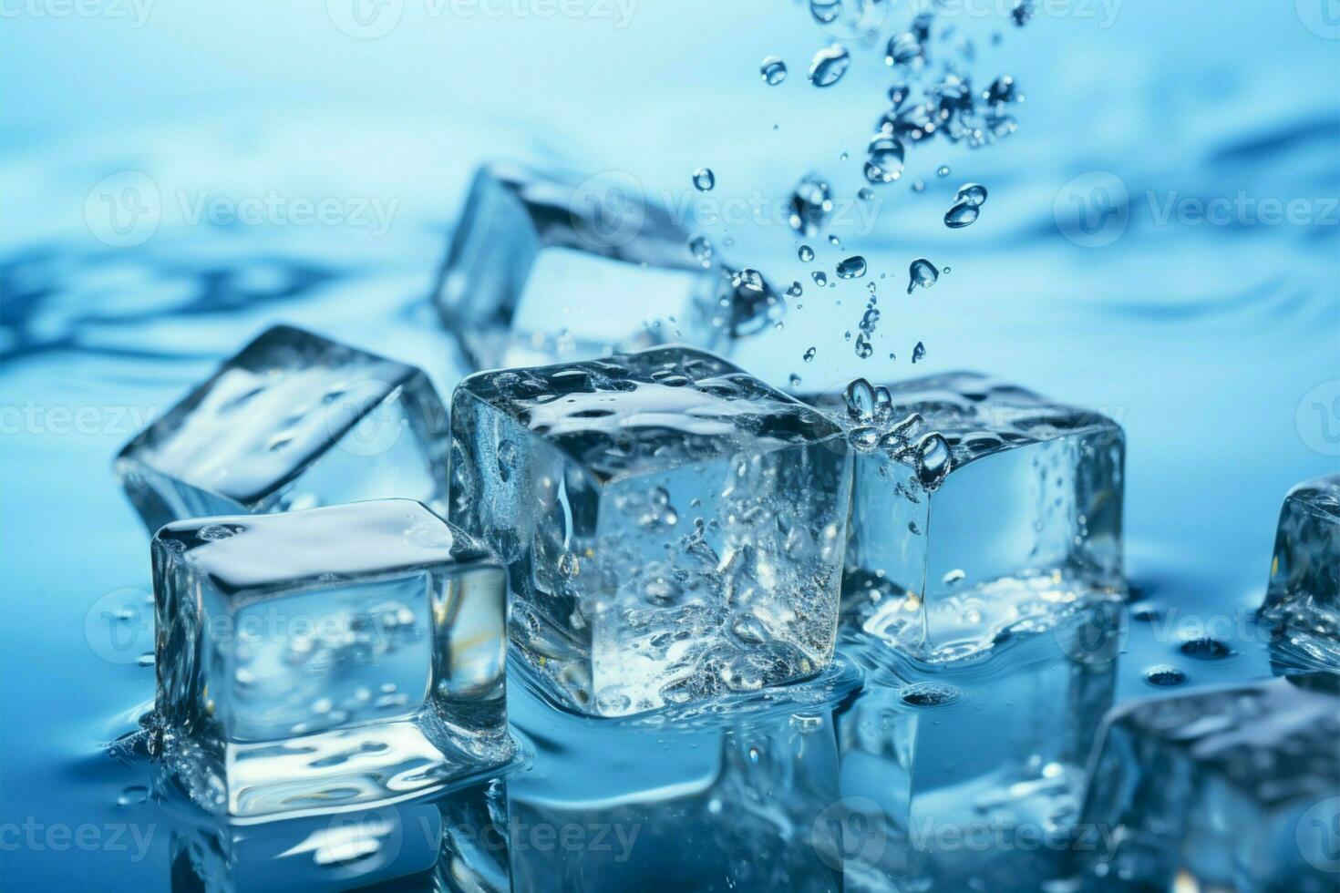 Abstract ice cubes float in a serene, azure aquatic backdrop AI