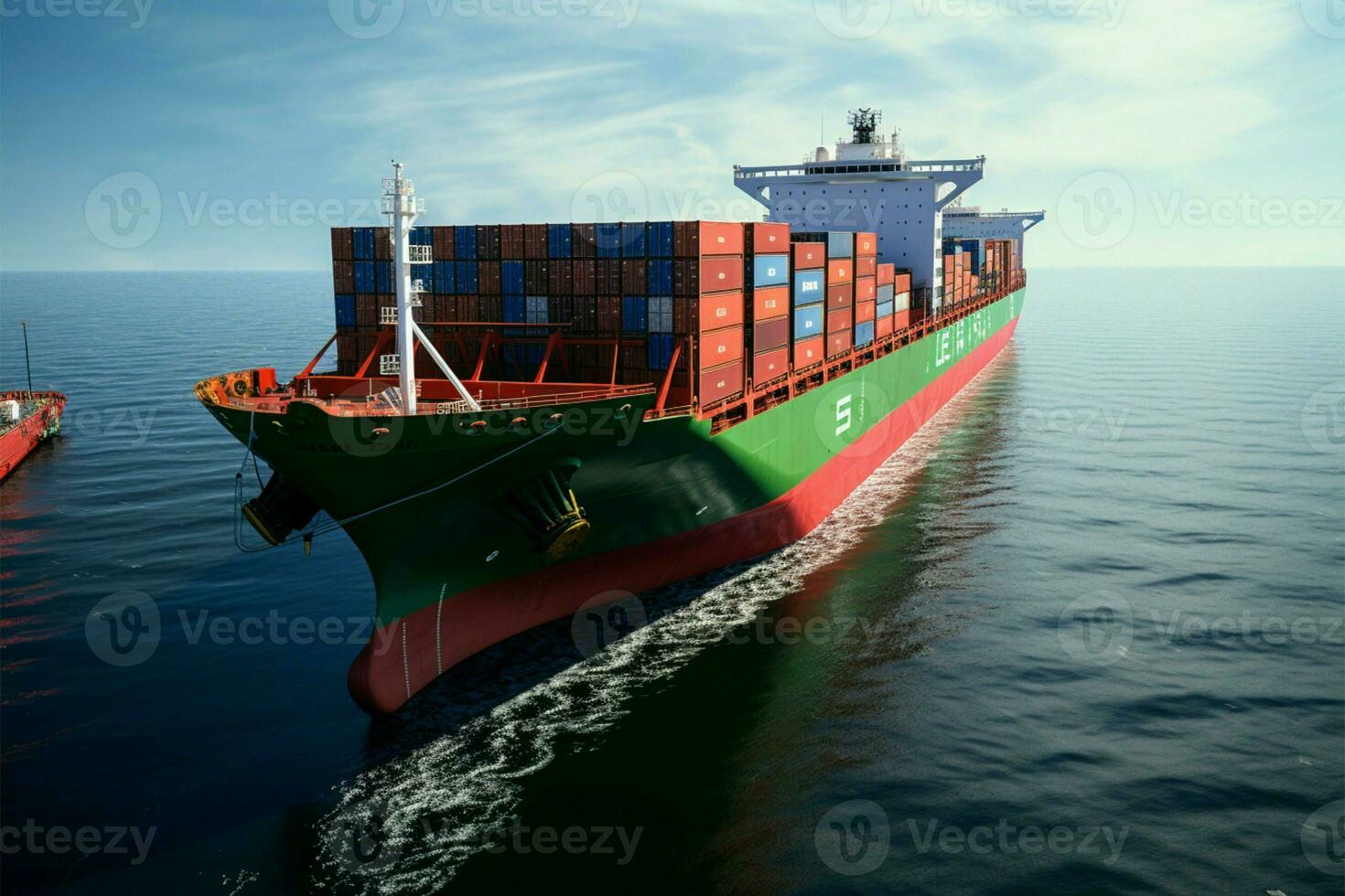 Industrial crane loads cargo containers onto a bustling freight ship AI Generated photo