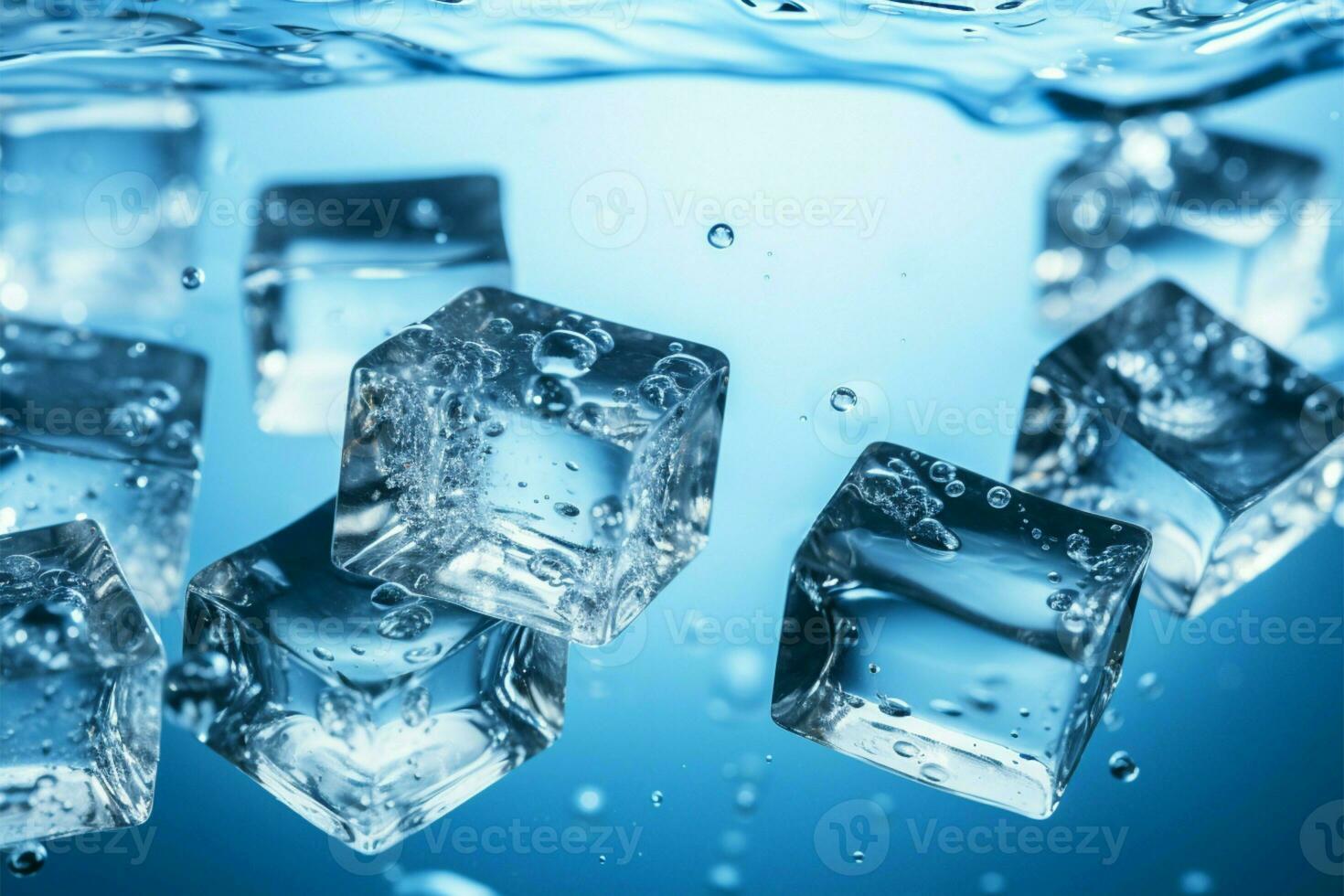 Abstract ice cubes float in a serene, azure aquatic backdrop AI Generated photo