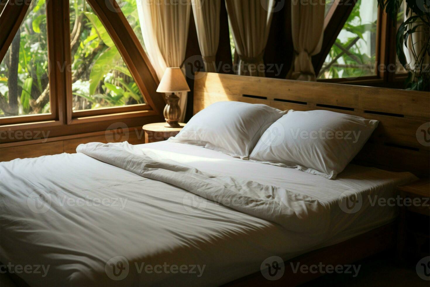 Lanna style wooden house bedroom Teak bed, bright, inviting bedding AI Generated photo