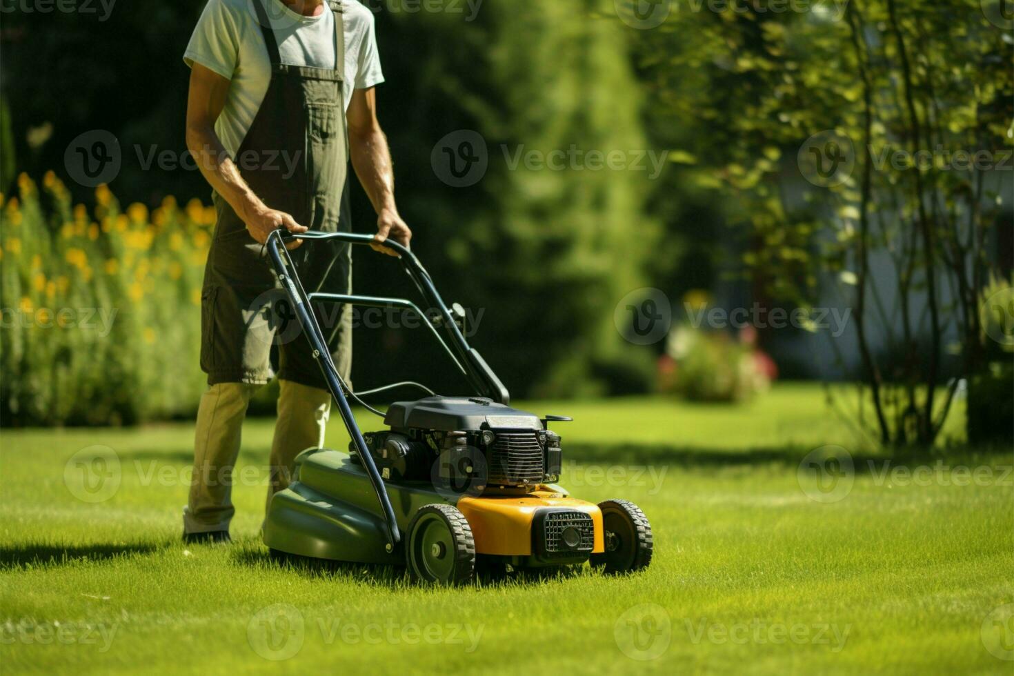 Lawn care A man meticulously mowing the lush, green grass AI Generated photo