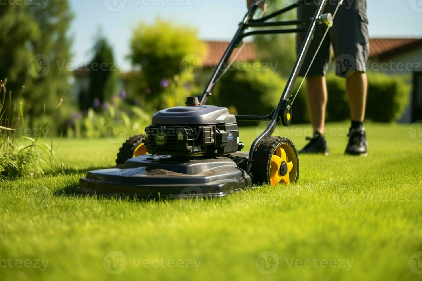 Lawn care A man meticulously mowing the lush, green grass AI Generated photo