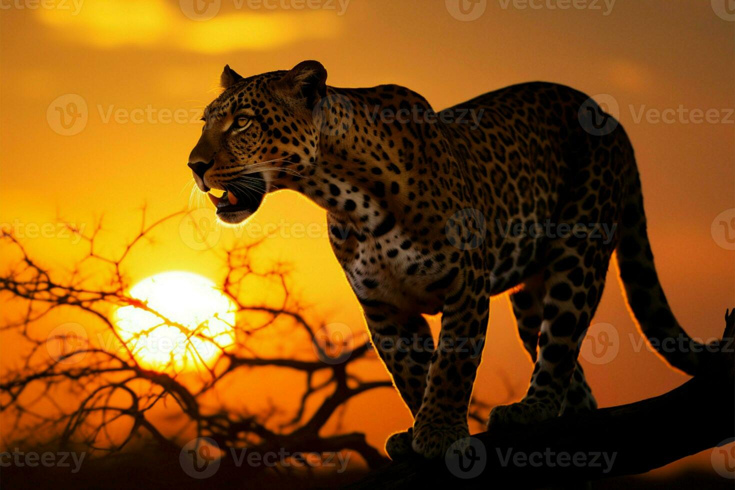 Leopards silhouette graces the horizon as the sun rises gracefully AI Generated photo