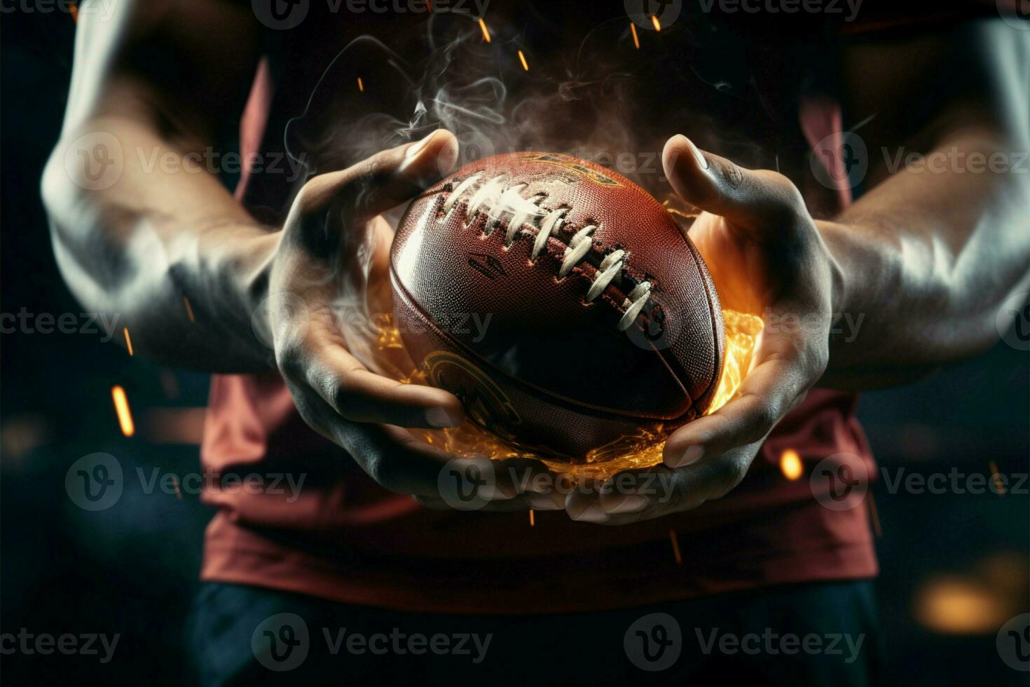 Action packed illustration Football players hands grasp the energy charged ball AI Generated photo